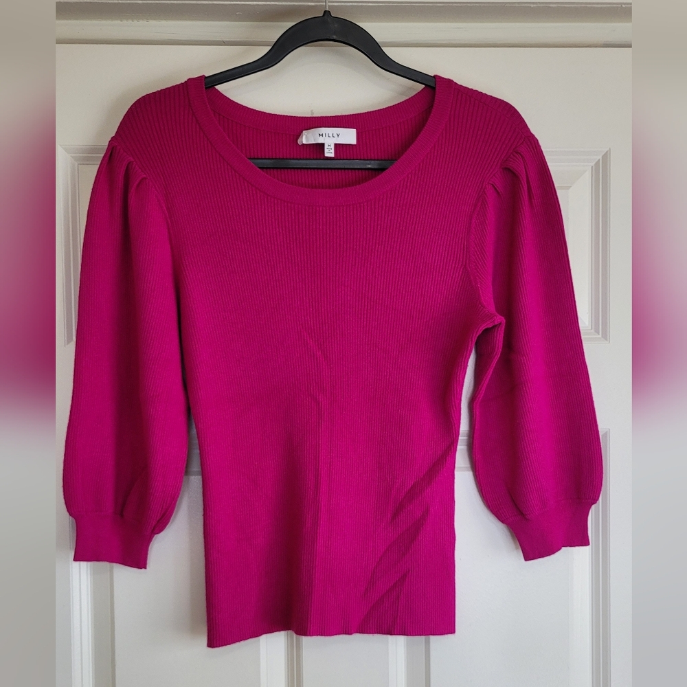 Milly Magenta Ribbed Scoop Neck Sweater